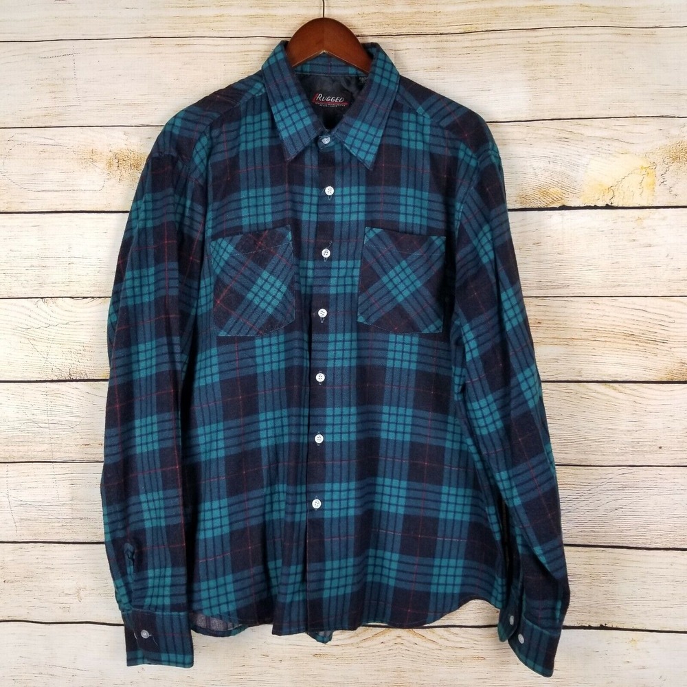 Vintage Rugged Mens Heavy Flannel Size XL Blue and Teal Plaid Button‎ Front Work